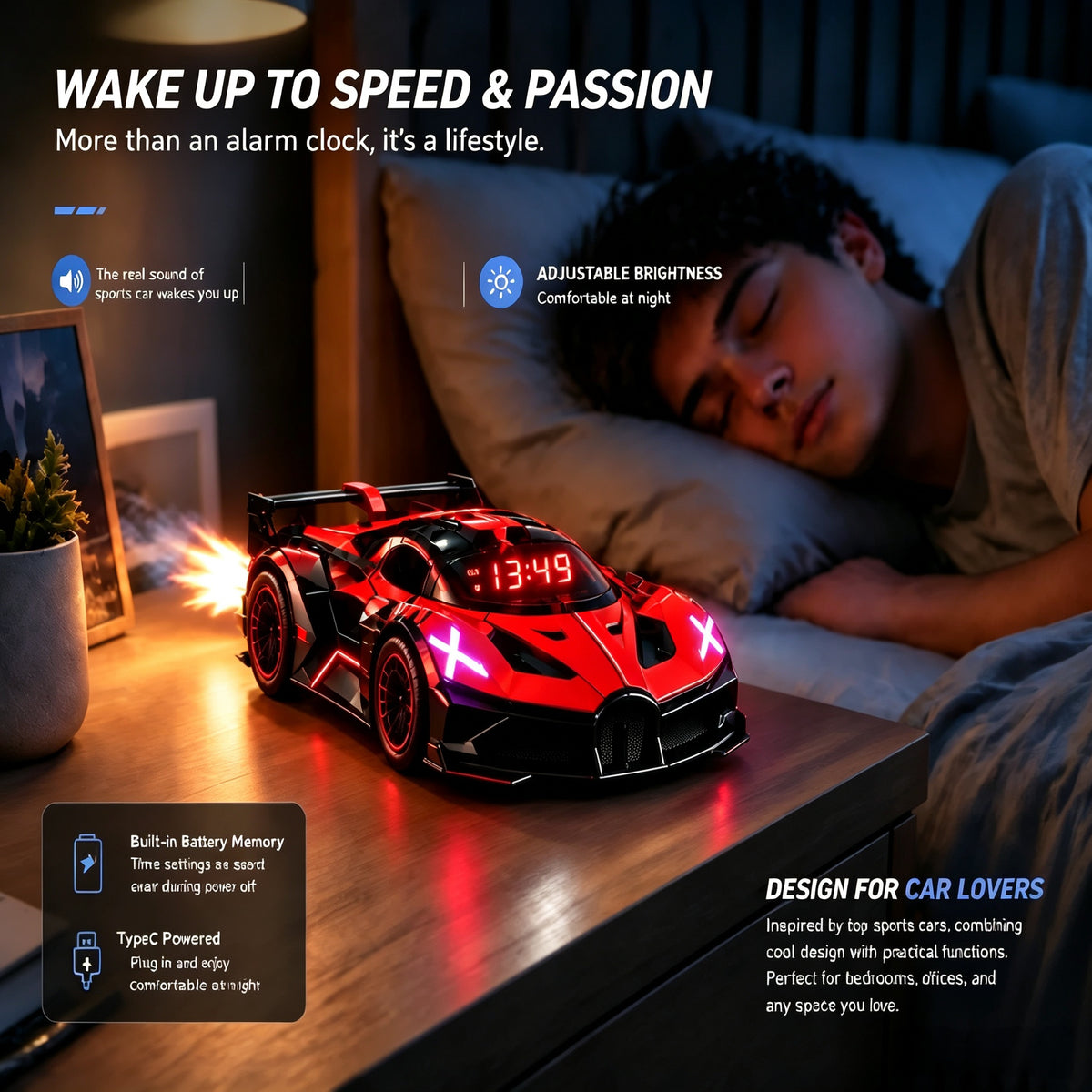 1:24 Bugatti Hyper car Engine Sound Alarm Clock with lights & Mist Spray