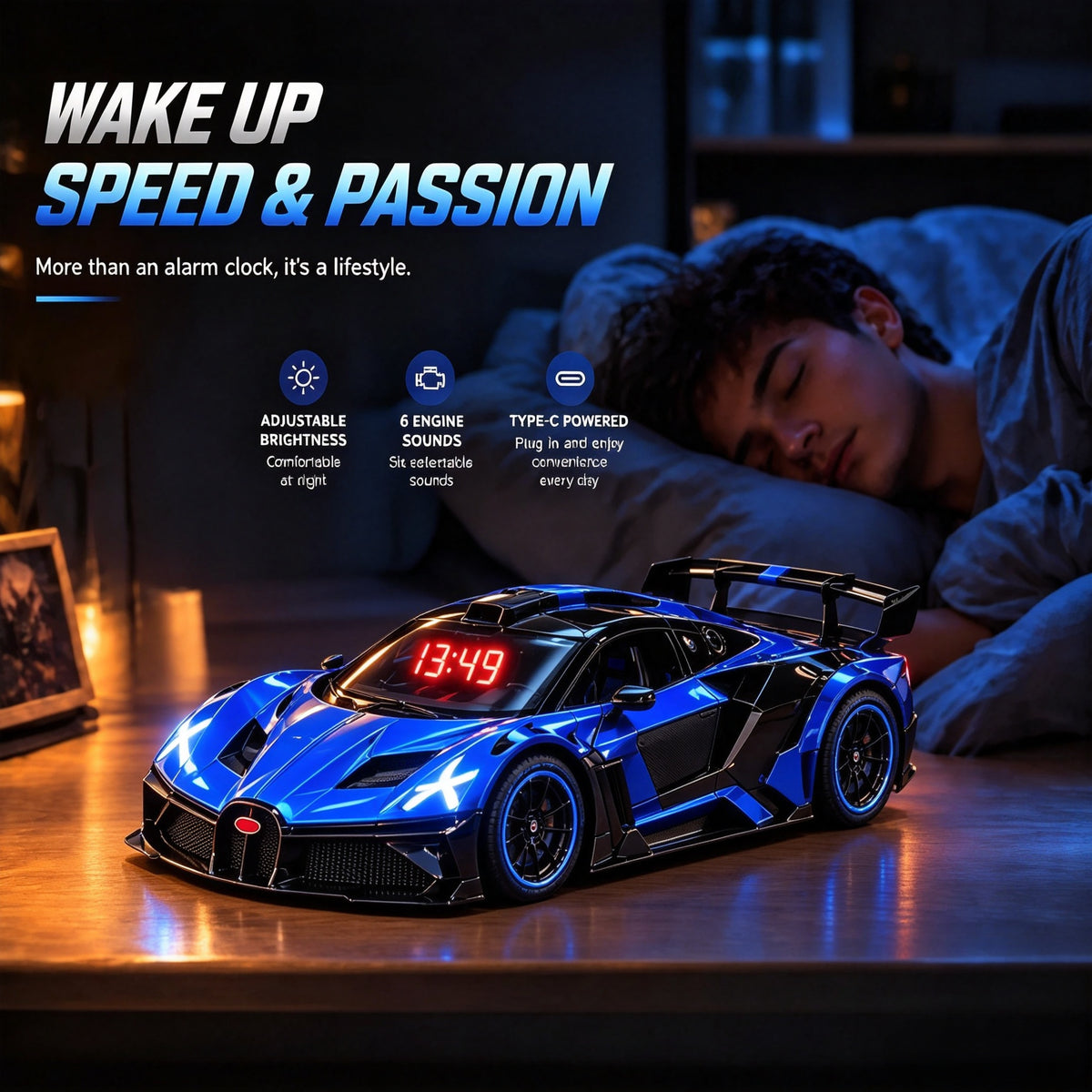 1:24 Bugatti Hyper car Engine Sound Alarm Clock with lights & Mist Spray