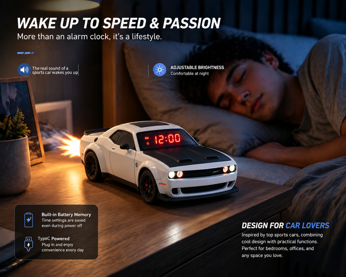 1:24 Dodge Hyper car Engine Sound Alarm Clock with lights & Mist Spray
