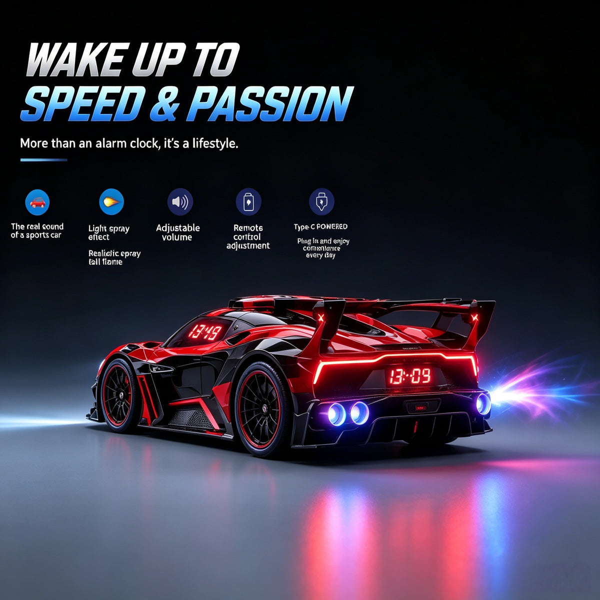 1:24 Bugatti Hyper car Engine Sound Alarm Clock with lights & Mist Spray